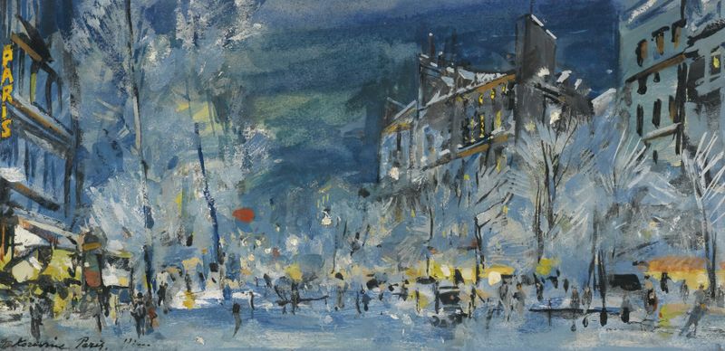 Paisagem de inverno com neve sobre paralelepípedos, pintura a óleo de Konstantin Alexeevich Korovin