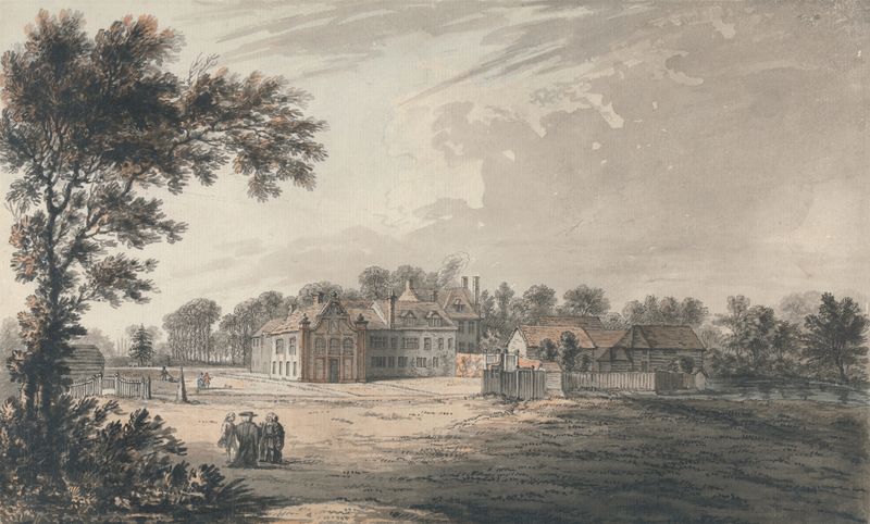 The Bishop’s Palace, Bromley by Samuel Hieronymus Grimm, watercolor on paper, depicts an elegant country house.