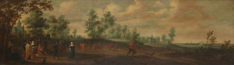 Pareja bailando en un paisaje, óleo sobre lienzo de Pieter Meulener