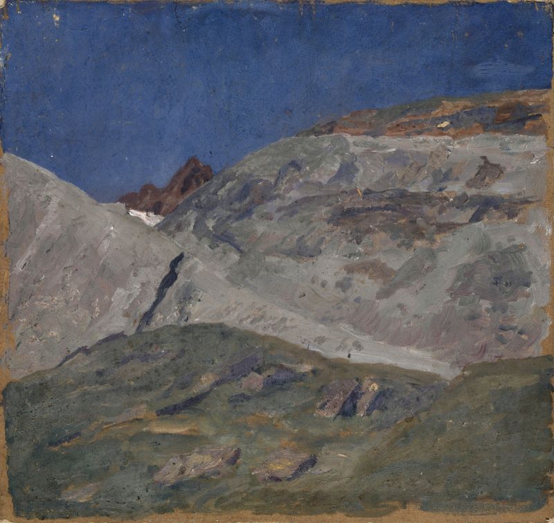 Landscape oil painting by Ernst Schiess depicting mountains and a valley.