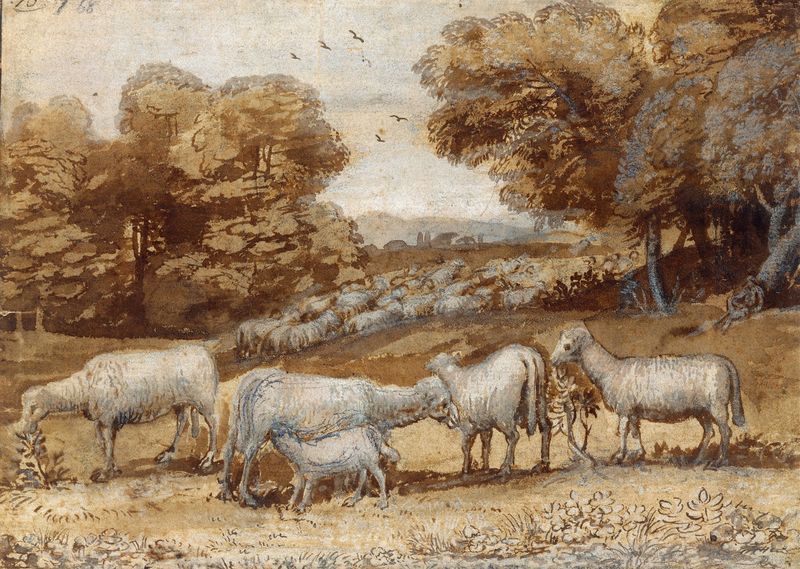 Paisagem com Ovelhas, pintura a óleo de Claude Lorrain, mostrando ovelhas pastando em um pasto tranquilo.