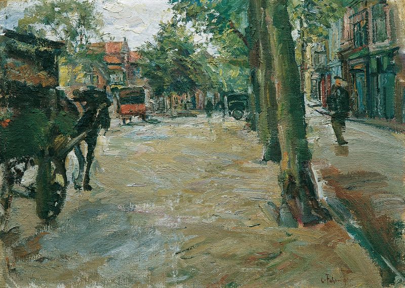 Landscape of Straße in Horn by Carl Fahringer, oil painting depicting cobblestones and buildings.