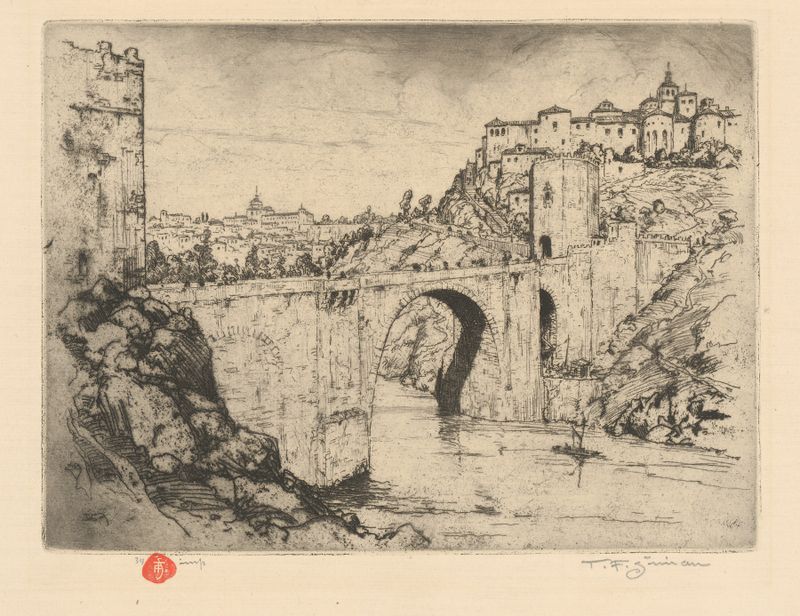 Toledo de Tavík František Šimon, óleo sobre lienzo, que representa un paisaje urbano al atardecer con arquitectura antigua.