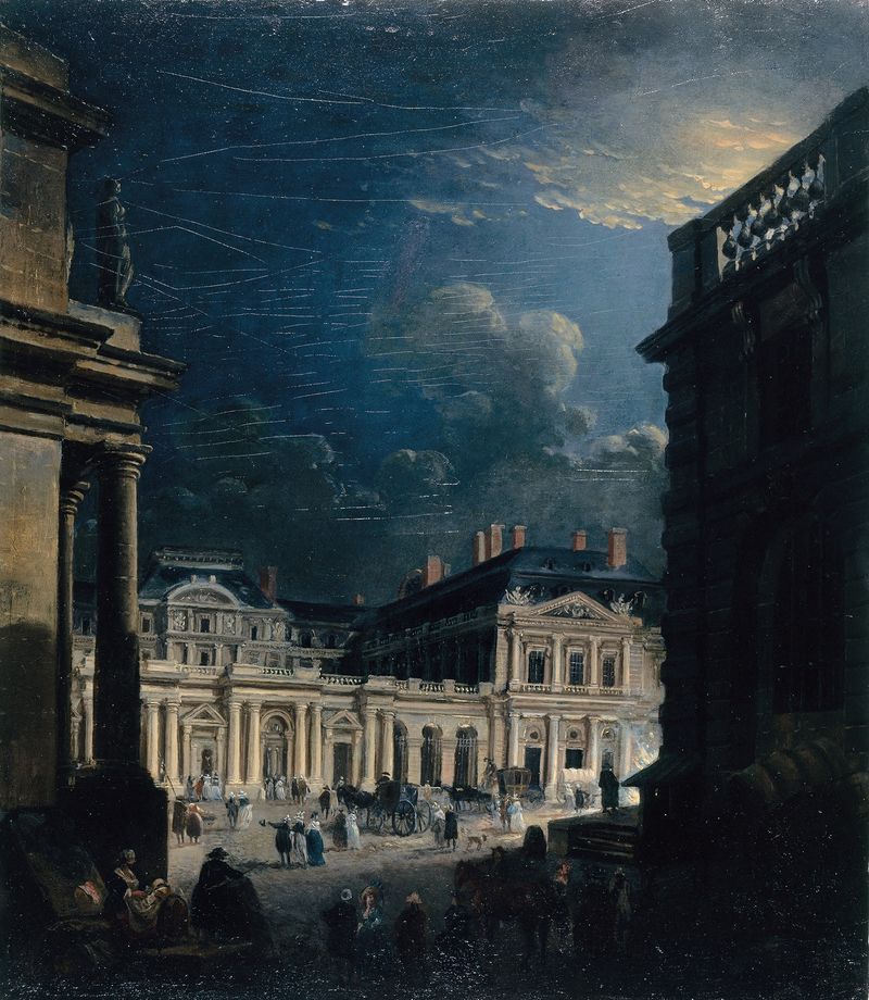 La Place du Palais-Royal, au clair de lune by Pierre-Antoine Demachy, oil painting depicting moonlit architecture.