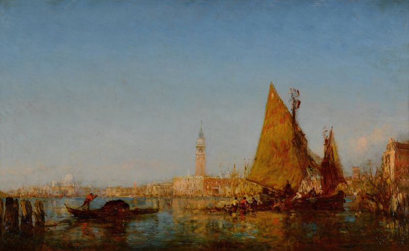 Barcos de pesca no Bacino, óleo sobre tela de Félix Ziem