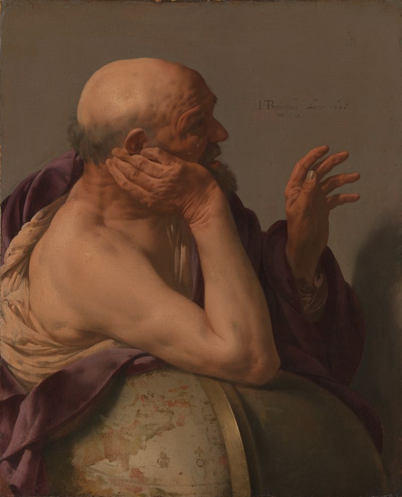 Heráclito, uma pintura a óleo de Hendrick ter Brugghen, mostra um filósofo com um globo e uma expressão melancólica.