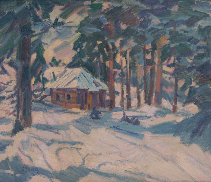 Expressionism landscape featuring frost-laden trees by Gustáv Mallý