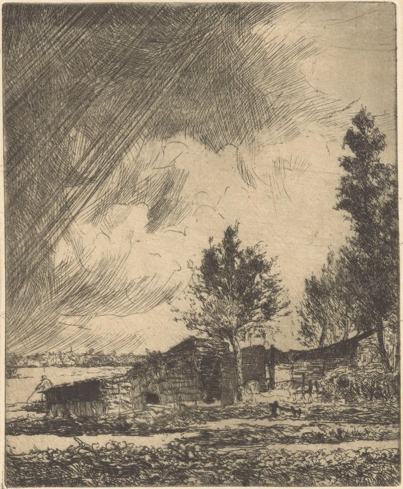 Paisagem com edifícios sob um céu suave de Willem Adrianus Grondhout, pintura a óleo