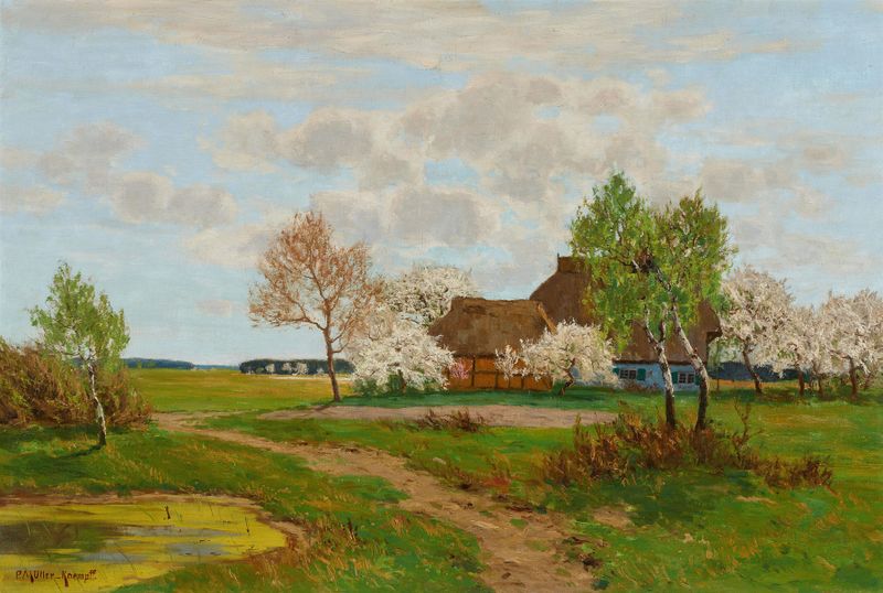 Frühsommerliche Landschaft mit Bauernkaten by Paul Müller-Kaempff, oil on canvas depicting a serene landscape.