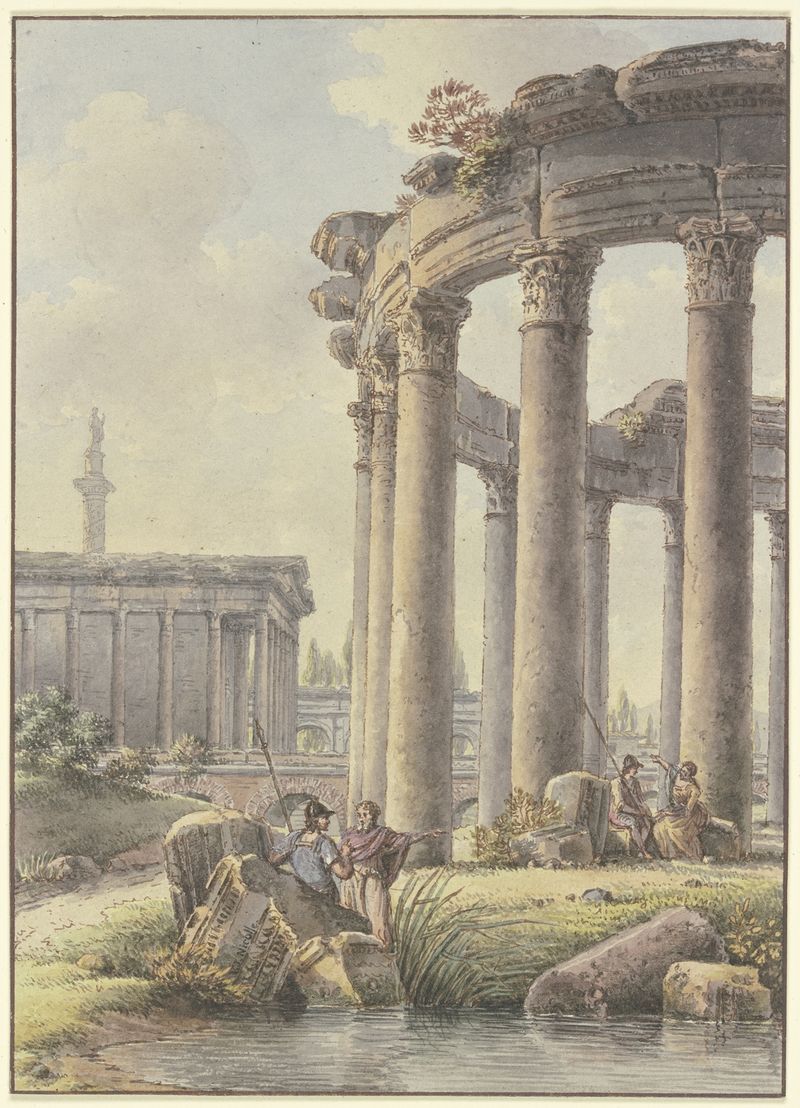 ink on paper by Victor-Jean Nicolle depicting ruins of a round temple and Trajan's Column