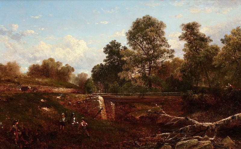 Niños jugando en un paisaje vibrante, pintura al óleo de David Johnson