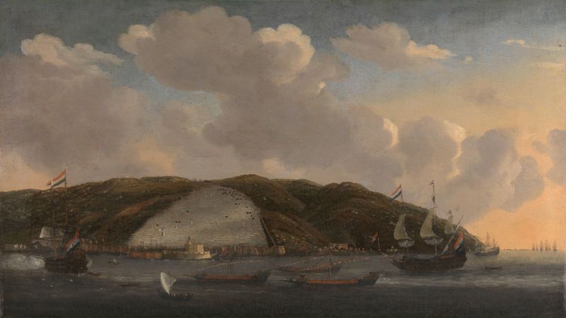 View of Algiers de Reinier Nooms, óleo sobre tela mostrando um porto com navios
