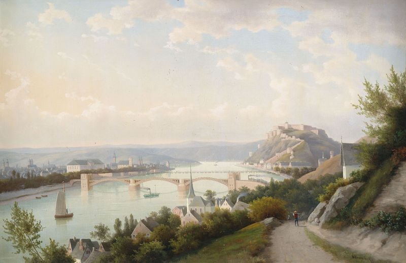 Rheinlandschaft bei Koblenz, óleo sobre tela de Walther Wünnenberg, com uma fortaleza e um rio.
