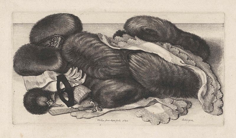 Still Life with Accessories, grabado de Wenceslaus Hollar con muffs, guantes y un abanico de plumas