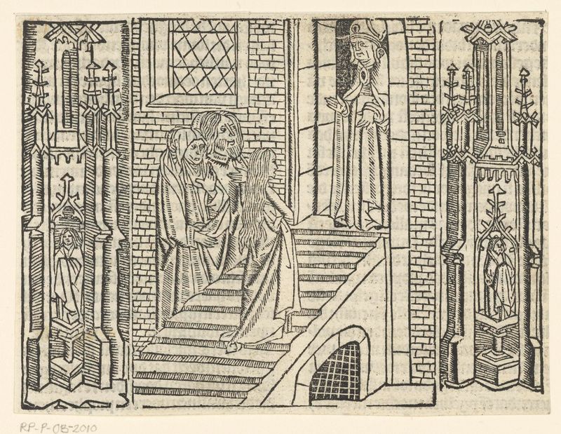 De apresentação de Maria no templo, obra em papel de Master of Delft que retrata Maria em um templo com luz suave.