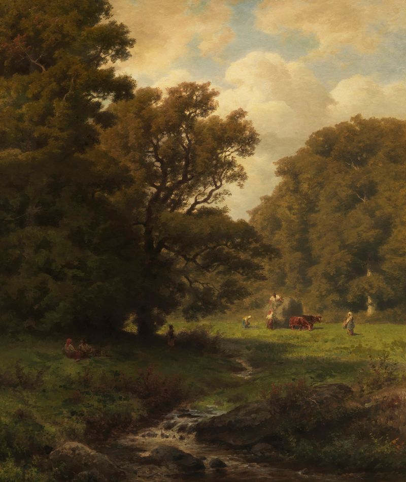 Heuernte im Süßen Gründchen bei Mammolshain by Jakob Maurer, oil painting depicting a golden field and laborers.