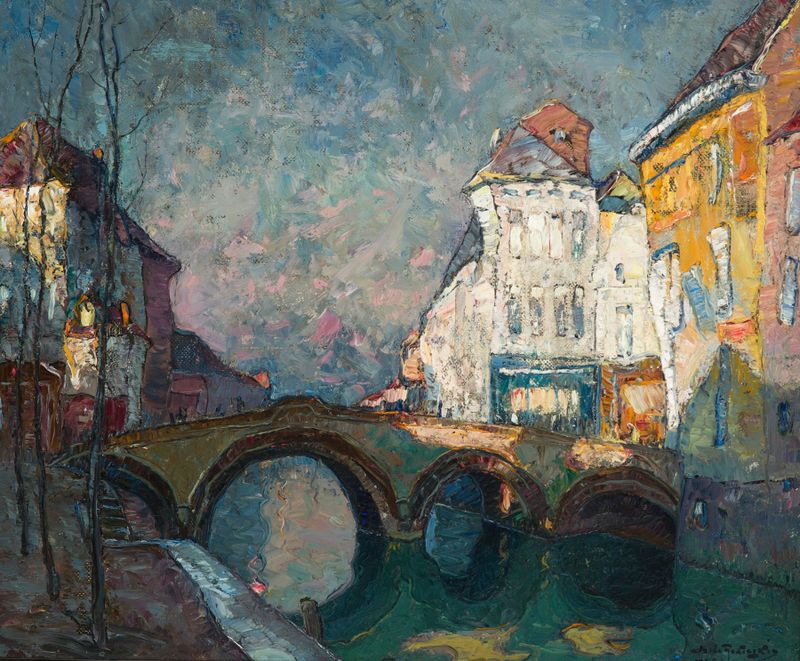 Puente en Malinas de Mieczysław Rakowski, paisaje al óleo con un río.