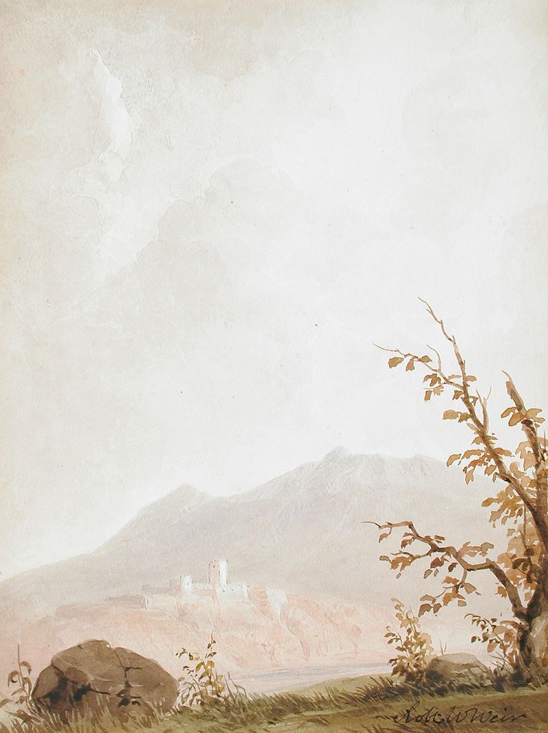 Italian Landscape by Robert Walter Weir, oil on canvas depicting rolling hills in golden light