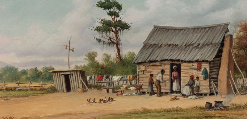 The Old Cabin by William Aiken Walker, realism, depicts a weathered cabin surrounded by lush foliage.