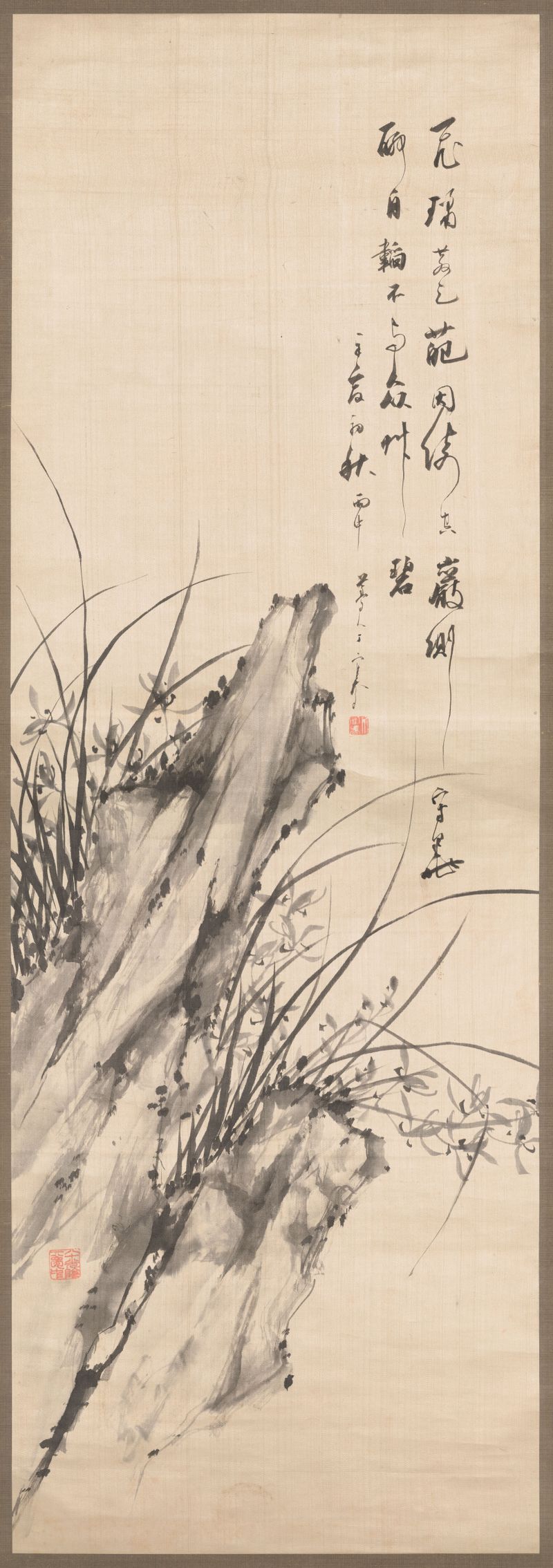 Orchids and Rock by Hak-kyo Chŏng, silk medium, depicting orchids and rocks.