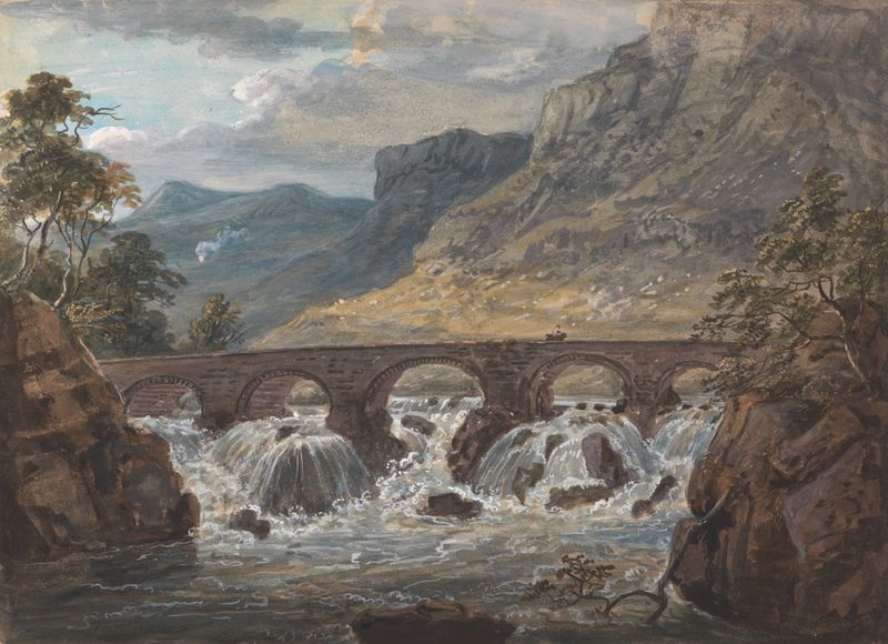 Aquarela de Paul Sandby retratando uma paisagem tranquila com uma ponte e um rio.
