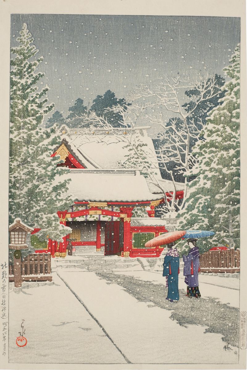 Grabado en madera de Kawase Hasui que muestra nieve en Hie Shrine en invierno.