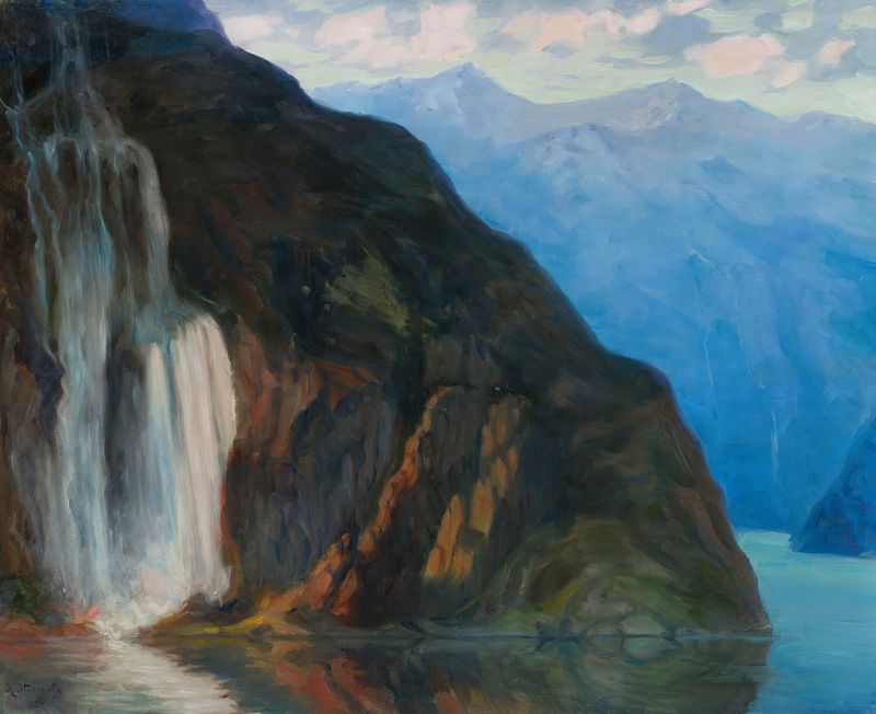 Paisaje con una cascada de Kazimierz Stabrowski, pintura al óleo que muestra un bosque exuberante y una cascada.