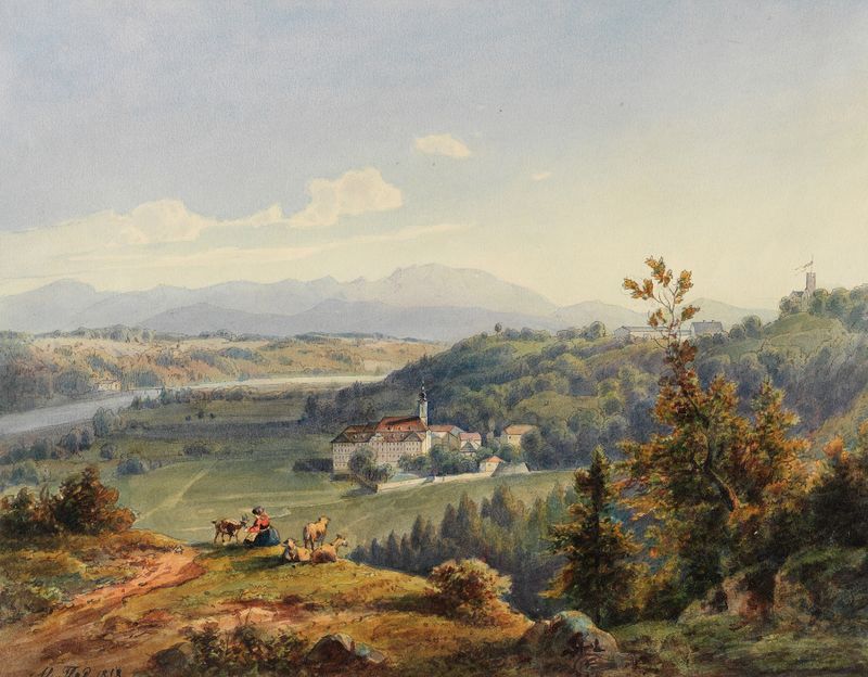 Paisagem de Kloster Schäftlarn, óleo sobre tela de Alois Flad