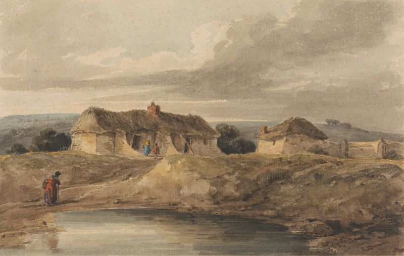 Landscape with thatched buildings by Amelia Long, oil on canvas, featuring hills and lush foliage.