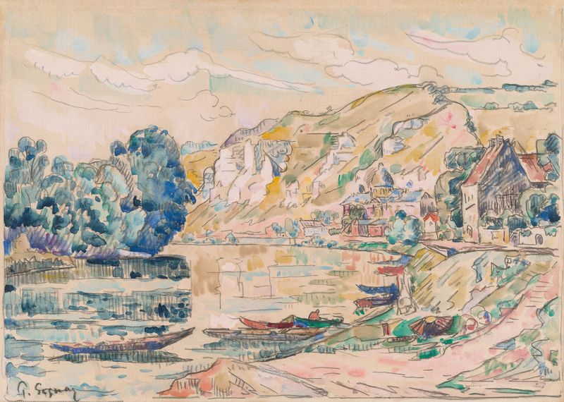 Les Andelys de Paul Signac, pintura al óleo que representa un paisaje sereno con reflejos en el río.