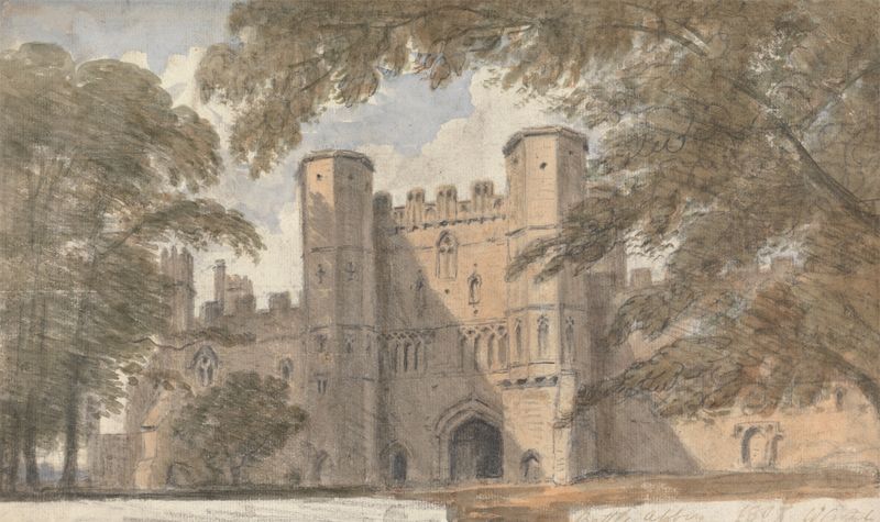 Battle Abbey, 8 de septiembre de 1807 de William Crotch, óleo sobre lienzo que muestra ruinas y figuras.