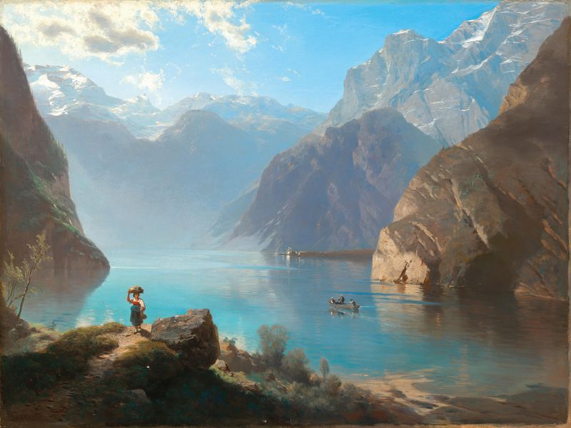 Lake Königssee landscape with mountains, oil painting by Leopold Heinrich Vöscher