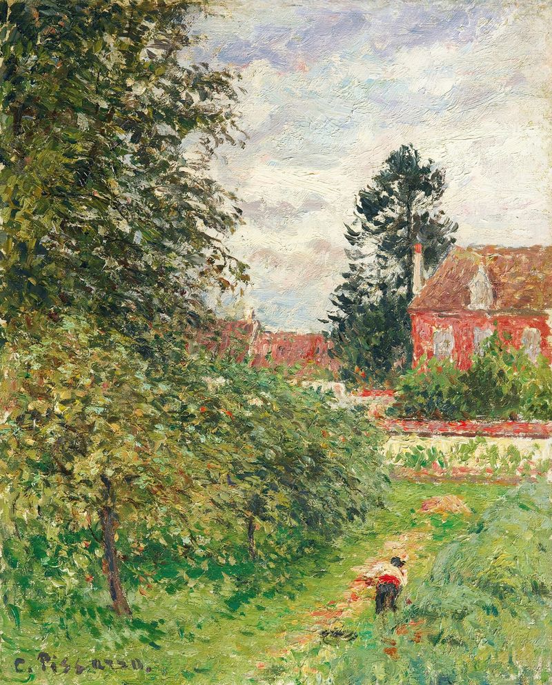 La Maison Des Anglais, Éragny de Camille Pissarro, óleo sobre tela que retrata uma paisagem de vila tranquila