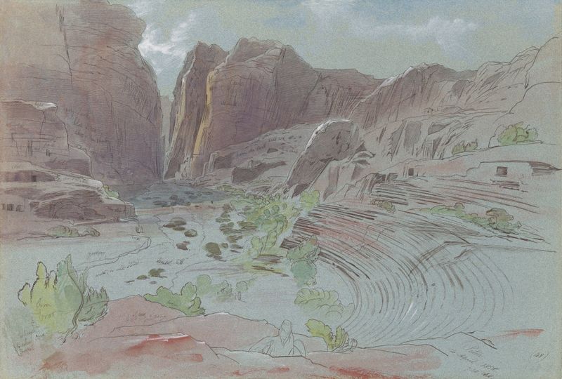Paisaje con cielo azul profundo y tonos terrosos, pintura al óleo de Edward Lear