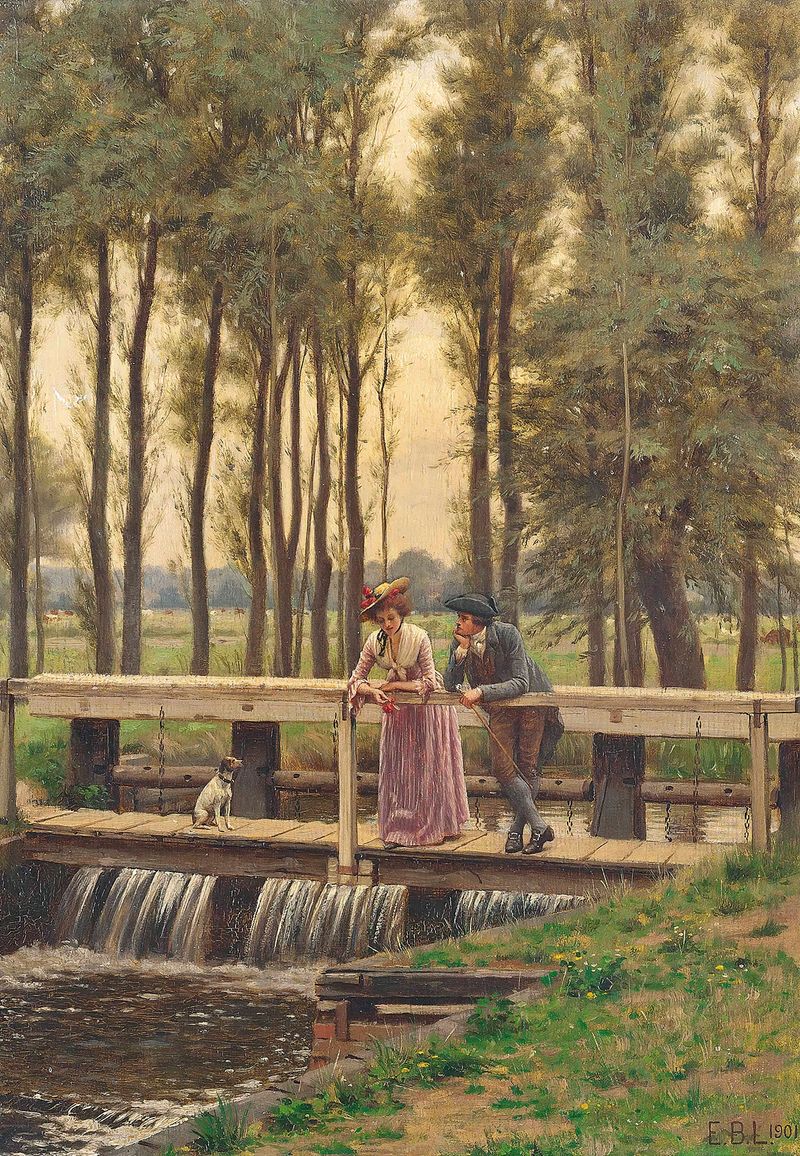 The Trysting Place de Edmund Blair Leighton, pintura a óleo que retrata um casal na luz dourada.