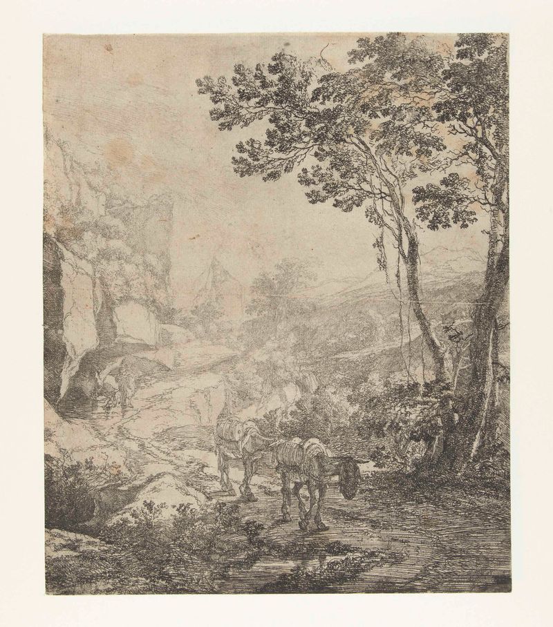 Paisagem com dois mulos perto de Rocca Aquatico por Jan Both, gravura