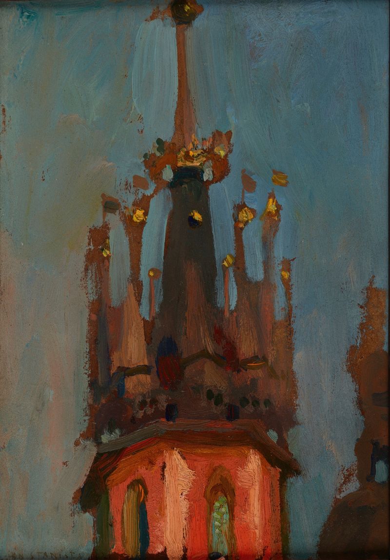 Aguja de la iglesia de Santa María en Cracovia, óleo sobre lienzo de Jan Stanisławski