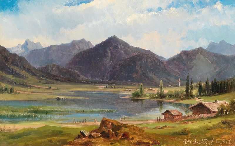 The Plansee in Tyrol by Ludwig Halauska, oil on canvas, tranquil lake and mountains