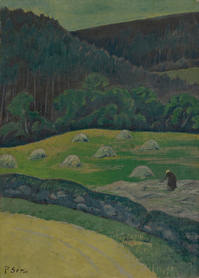 Pintura al óleo de Paul Sérusier que muestra a una mujer campesina en un campo dorado al atardecer.