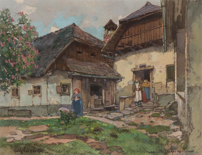 The house of the sacristan in Friesach, oil painting by Fritz Lach, showcasing architecture and landscape.