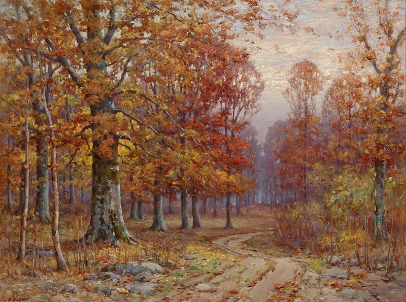 Woods Interior by John Elwood Bundy, oil painting depicting a serene forest with dappled light and shadows.