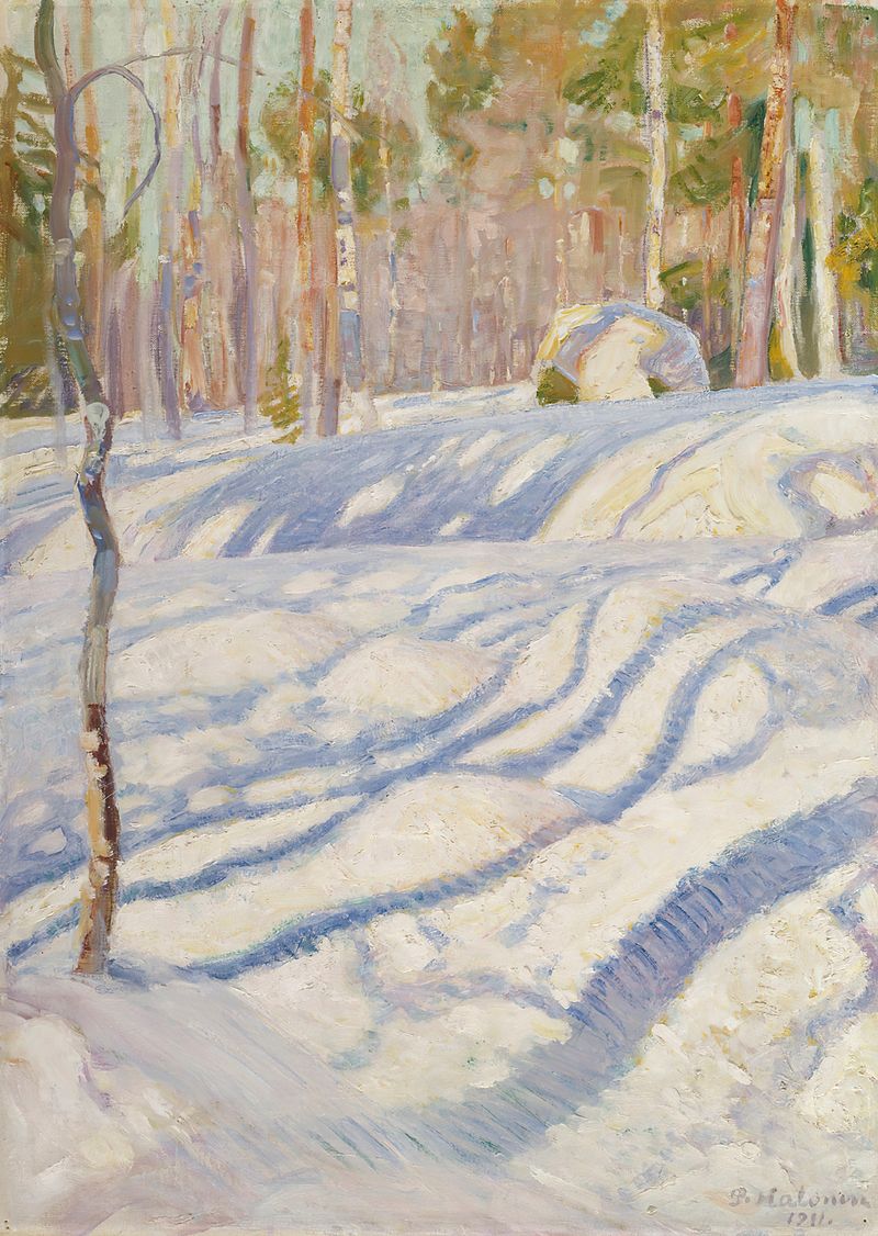 Sunlit Winter Landscape by Pekka Halonen, oil on canvas depicting a snowy landscape with sunlight.