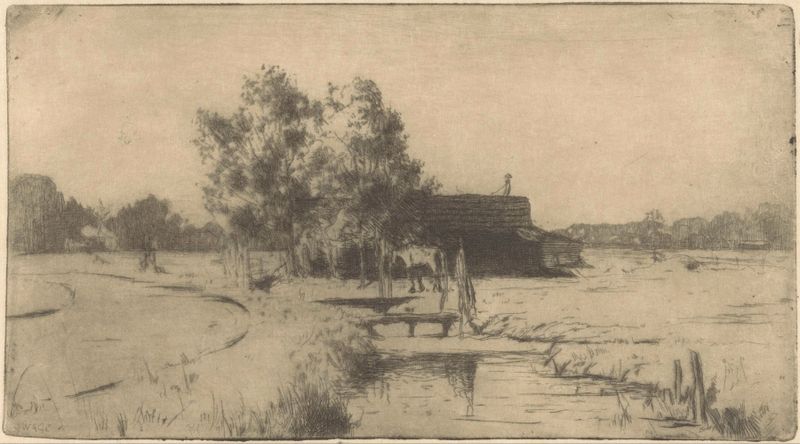 Landscape oil painting by Willem Adrianus Grondhout depicting quiet buildings and horizon
