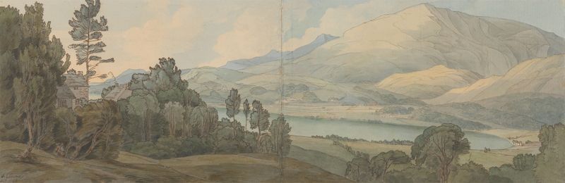 View of Lake Coniston, Lancashire by Francis Towne, oil painting depicting a tranquil lake and hills.