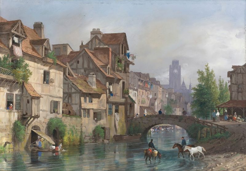Paisagem de Rouen com catedral ao entardecer por Giuseppe Canella, pintura a óleo