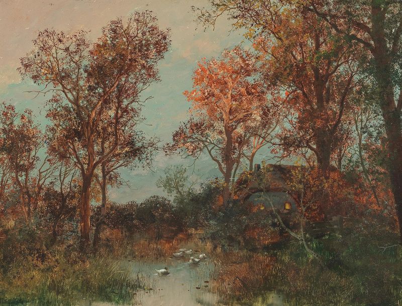 A Summer Evening by Adolf Kaufmann, oil painting depicting a sunset over water with clouds.