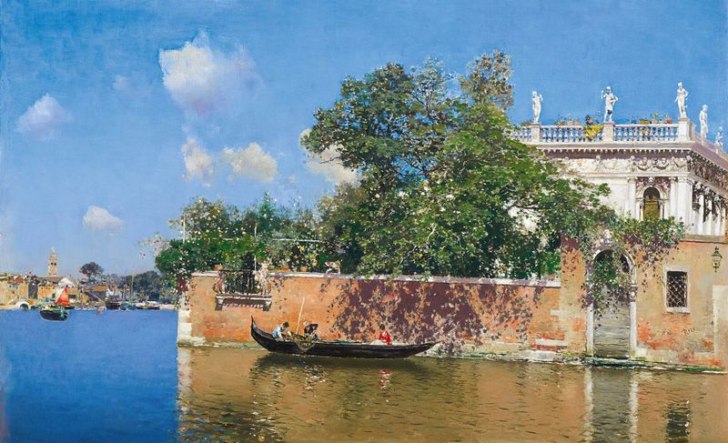 Paisaje Veneciano by Martin Rico y Ortega, oil painting depicting a sunset over water.
