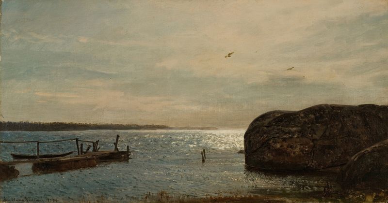 Escena marina con barcos y reflejos, pintura al óleo de Amaldus Nielsen