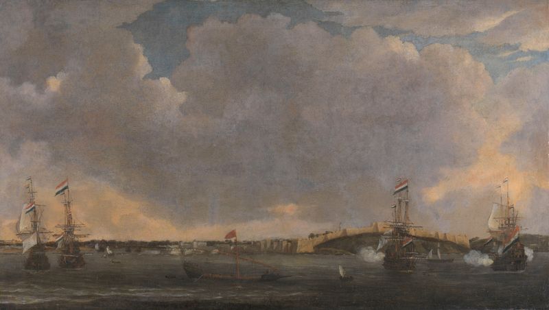 View of Tripoli de Reinier Nooms, óleo sobre lienzo, que representa un paisaje sereno con reflejos en el agua.
