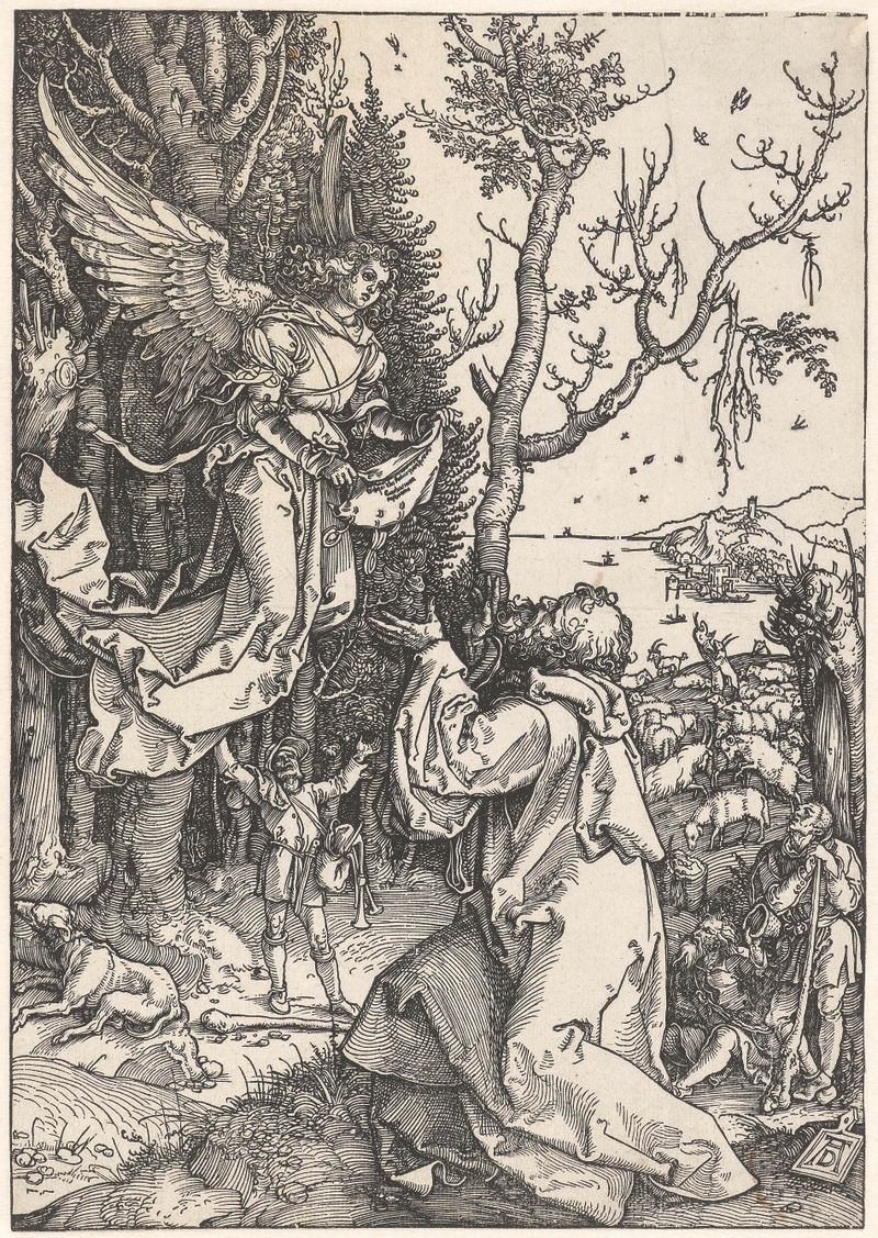 De aankondiging aan Joachim de Albrecht Dürer, meio papel, retrata Joaquim em luz suave.